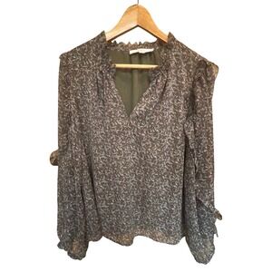LOFT Olive Green Floral Paisley Ruffle Neck Long Sleeve Blouse Top Mens Size M